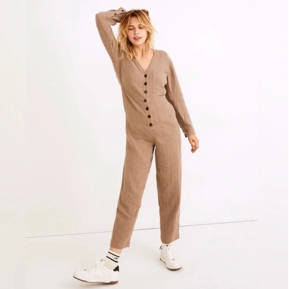 Madewell Lightspun Stitched-Pocket Brown Jumpsuit coverall - Picture 1 of 13